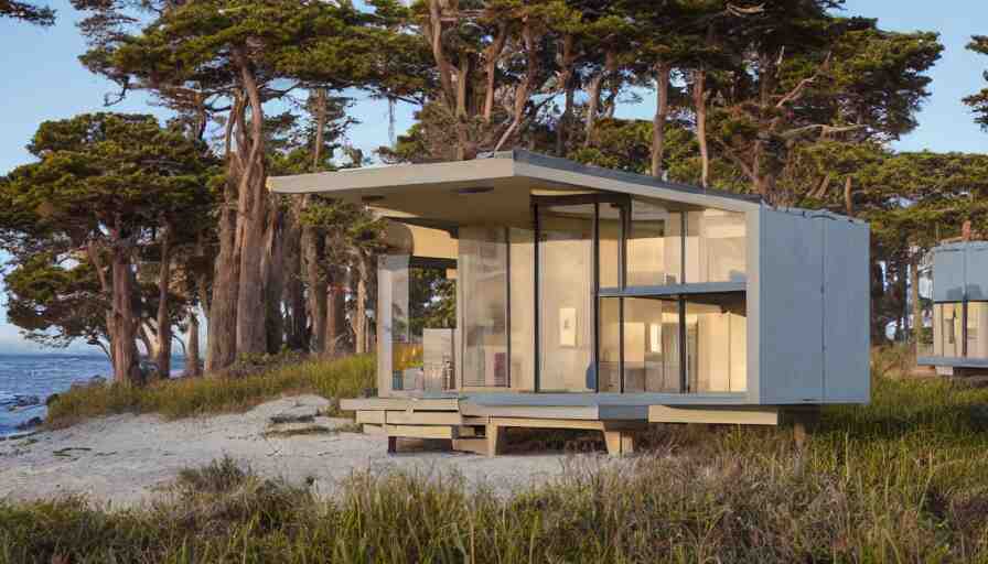 An architectural rending of an eco-community of contemporary 3D printed sea ranch style cabins with rounded corners and angles, beveled edges, made of cement and concrete, organic architecture, on the California coastline with side walks, parks and public space , Designed by Gucci and Wes Anderson, golden hour