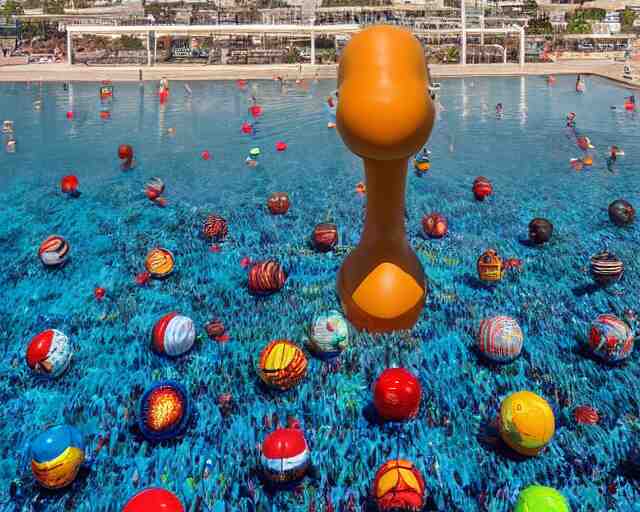 a long shot of a giant award winning sculpture made out of tons of hundreds of pool toys in the shape of a human head, on the surface of the ocean, in the style of chad knight, hyper detailed, hyper realistic, ray tracing, 8 k resolution, sharp focus, realistic water 