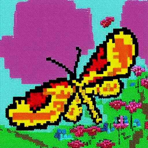 pixel art of a butterfly in a field of wild flowers, ghibli color scheme 