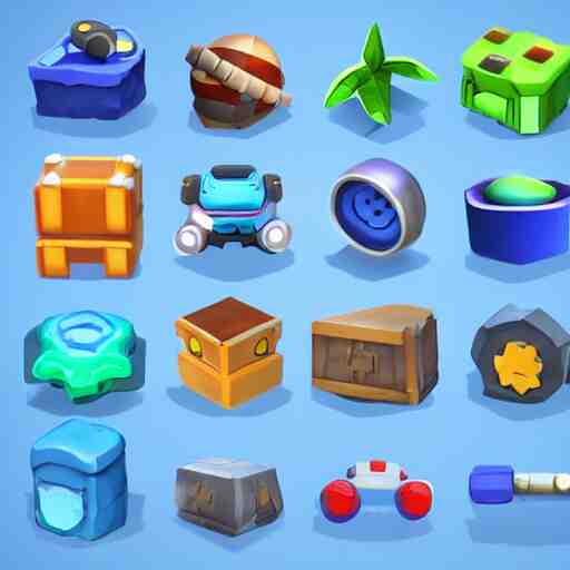 cubby 3 d icons for mobile game, stylized, blue scheme, 