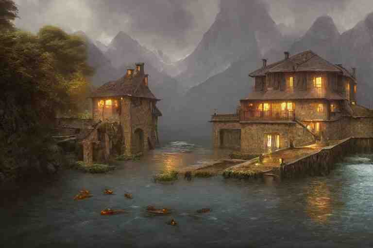 a typical european house with a slate roof, submerged under the water of the acean, school of fishes, scenic view, matte painting by christophe vacher and hubert robert, trending on artstation 