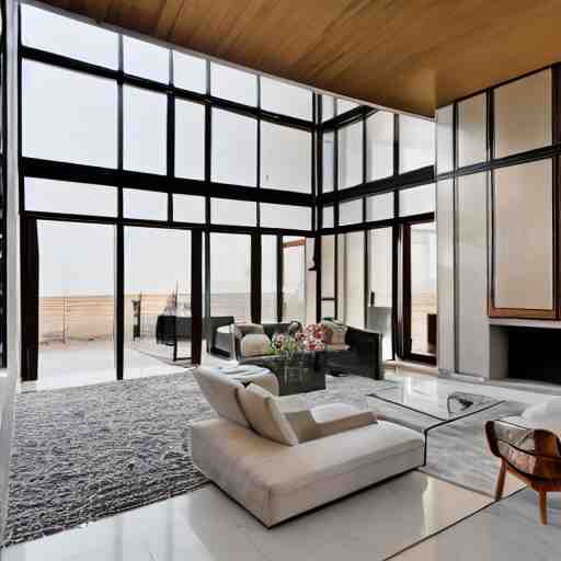 A modern living room with 2 sofas facing each other with a white marble table in the center, on the left side of the living room there is a floor to ceiling glass window that leads to the courtyard, on the right side of the living room there are wooden stairs that lead to the second floor