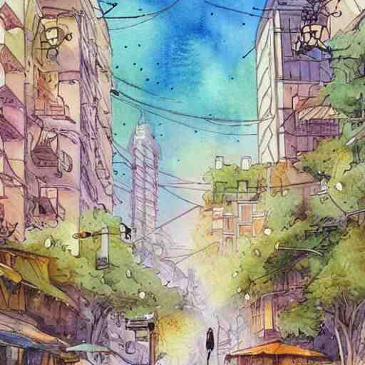 Beautiful happy picturesque charming sci-fi city in harmony with nature. Beautiful light. Nice colour scheme, soft warm colour. Beautiful detailed watercolor by Lurid. (2022)