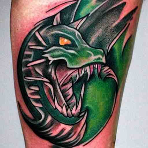 forearm tattoo of a dragon with a green emerald in its mouth, dark and vibrant forearm tattoo