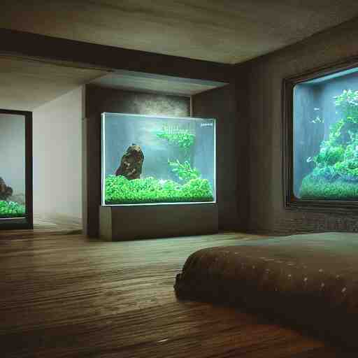 a spacious room with freshwater aquariums as walls, hyper realistic, ambient lighting, concept art, intricate, hyper detailed, smooth, dynamic volumetric lighting, octane, raytrace, cinematic, high quality, high resolution, 4 k, cgsociety, rutkowski, gurney 