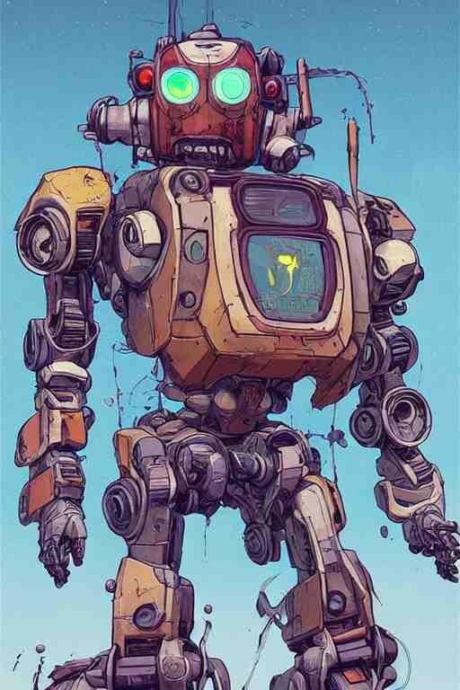 a study of cell shaded portrait of a mech robot as Borderlands 3 concept art, llustration, post grunge, concept art by josan gonzales and wlop, by james jean, Victo ngai, David Rubín, Mike Mignola, Laurie Greasley, highly detailed, sharp focus, alien, Trending on Artstation, HQ, deviantart, art by artgem