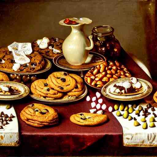 opulent banquet of plates of freshly baked chocolate chip cookies, jelly beans, chocolate sauce, marshmallows, highly detailed, food photography, art by rembrandt 