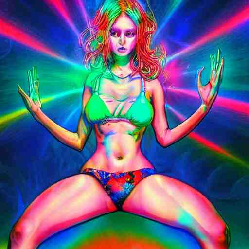 girl in bikini dancing, expressive digital art, psychedelic, lsd, by yoshitaka amano, by dan mumford, trending on artstation, 4 k 