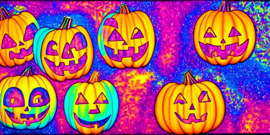 lisa frank painting carved pumpkin faces, textured canvas, kawaii holographic, detailed facial expression, surrealism aesthetic 