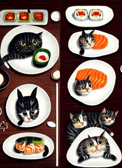 clear photorealistic picture of adorable cats made out of sushi 