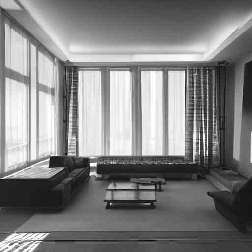 living room concept render, octane render, inspired by soviet cities, brutalist, futuristic, well illuminated, cold 