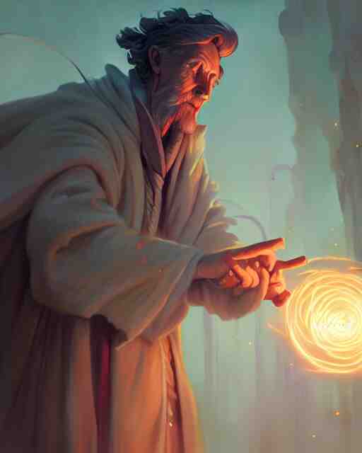 highly detailed vfx portrait of an old mage casting a light spell, unreal engine, greg rutkowski, loish, rhads, beeple, makoto shinkai and lois van baarle, ilya kuvshinov, rossdraws, tom bagshaw, alphonse mucha, global illumination, detailed and intricate environment 