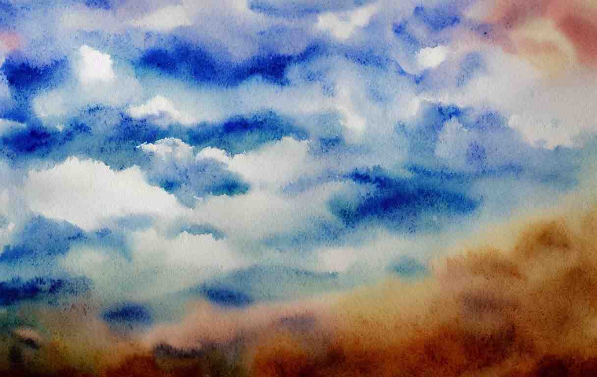 a beautiful watercolor painting of a beautiful ocean with peaceful fluffy clouds in the sky 