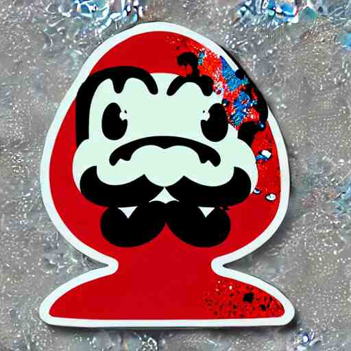 die cut sticker, yoshi wearing mario's mustache, splatter paint 