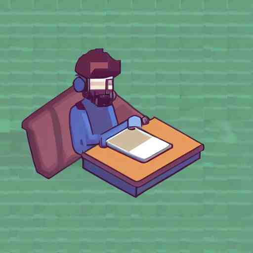 a bald hipster with headphones and a laptop, isometric pixelart, sprite, pixelart!! 