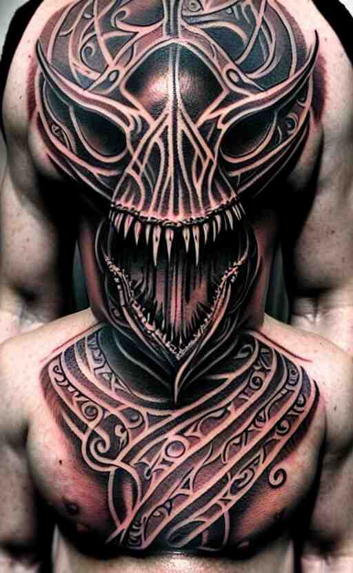 chest tattoo cthulhu by greg rutkowski, by giger, by maxim verehin 