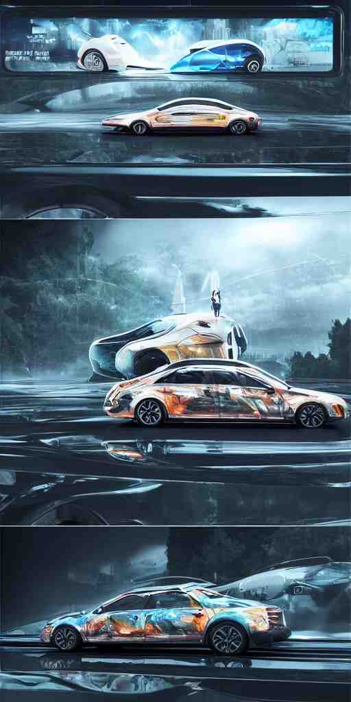 sci-fi 3d organic car and wall structure car, in the coronation of napoleon painting, and digital billboard in the middle. octane render pinterest, keyshot product render, water reflections gloss shiny in luquid