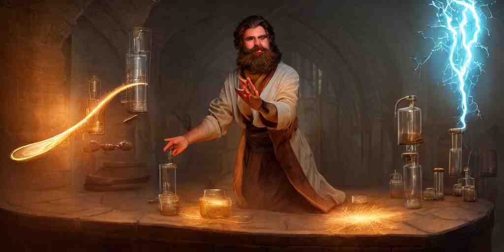 a handsome bearded caucasian male sorcerer with brown hair he is casting a spell with flowing energy, he is in a alchemist lab filled with beakers and equipment, neutral pose, epic composition, 4 k, light rays, super coherent, by dave melvin 1. 0 | dan luvisi 2. 0 | greg rutkowski 0. 5 