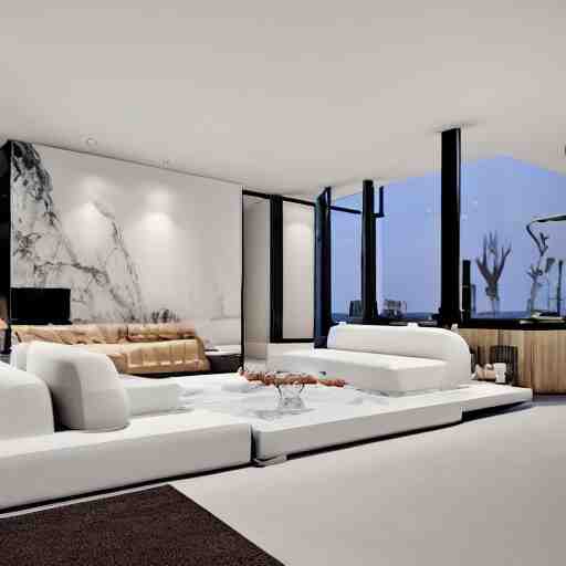 A modern living room with 2 sofas facing each other with a white marble table in the center, on the left side of the living room there is a floor to ceiling glass window while on the right side of the living room there are wooden stairs that lead to the second floor, 8k resolution