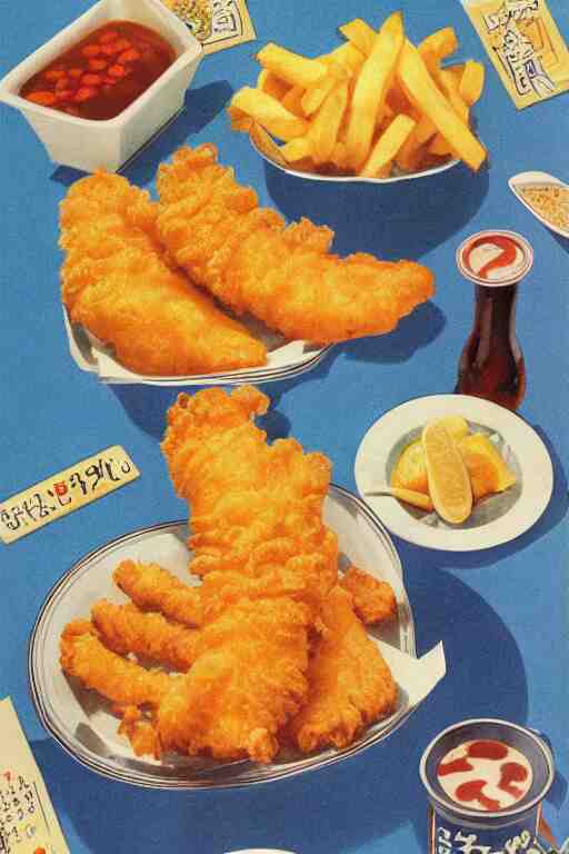 fish and chips advertisment, still life, 1 9 7 0 s japan shouwa advertisement, print, nostalgic 