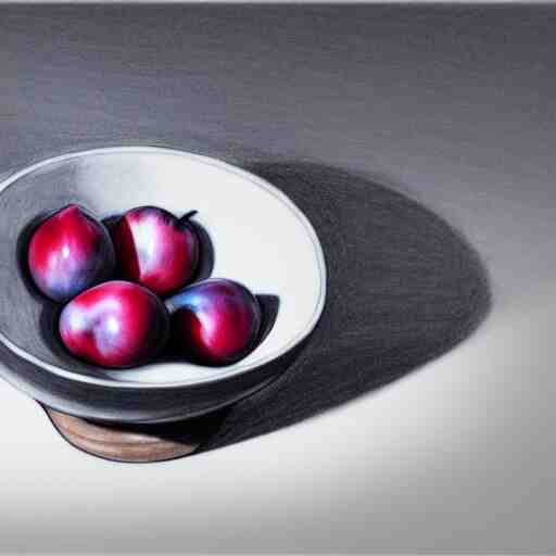 concept art drawing of a single thick porcelain bowl filled with a few moist freshly picked plums on a wooden table. volumetric lighting. small scale. artistic. top down. 