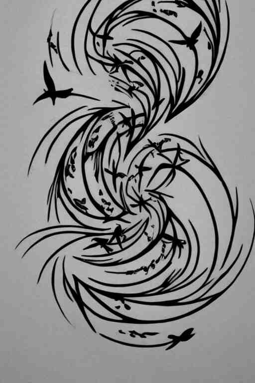 a simple tattoo design of birds flying in a 8 spiral, black ink, logo 