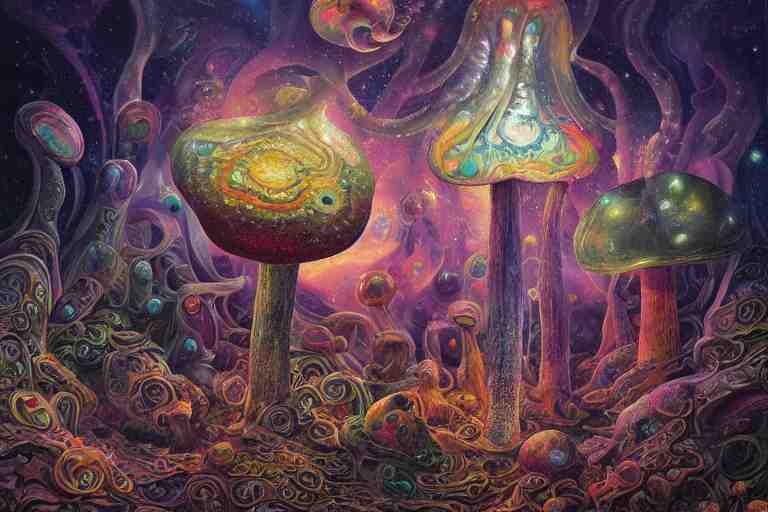 trippy cosmic mushroom, oil on canvas, intricate, portrait, 8k highly professionally detailed, HDR, CGsociety, illustration painting by Mandy Jurgens and Małgorzata Kmiec and Dang My Linh and Lulu Chen and Alexis Franklin and Filip Hodas and Pascal Blanché and Bastien Lecouffe Deharme, detailed intricate ink illustration, heavenly atmosphere, detailed illustration, hd, 4k, digital art, overdetailed art, concept art, complementing colors, trending on artstation, Cgstudio, the most beautiful image ever created, dramatic, subtle details, illustration painting by alphonse mucha and frank frazetta daarken, vibrant colors, 8K, style by Wes Anderson, award winning artwork, high quality printing, fine art, gold elements, intricate, epic lighting, very very very very beautiful scenery, 8k resolution, digital painting, sharp focus, professional art, atmospheric environment, art by artgerm and greg rutkowski, by simon stålenhag, rendered by Beeple, by Makoto Shinkai, syd meade, 8k ultra hd, artstationHD, 3d render, hyper detailed, elegant, by craig mullins and marc simonetti, Ross Tran and WLOP, by Andrew Wyeth and Gerald Brom, John singer Sargent and James gurney