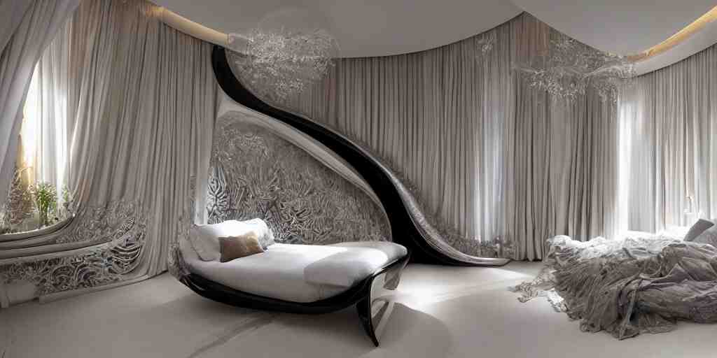 a cozy bedroom decorated by Zaha Hadid, detailed, high resolution, wow!, intricate