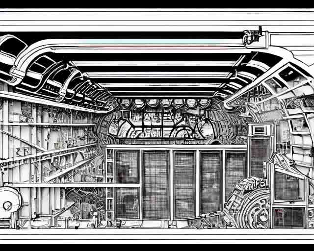 a full page of a mechanical blueprint showing the interior of gamera, with a big head, muted colors, post grunge, studio ghibli, hq, 