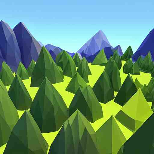 a forest of 3d low poly trees with the mountains in the background, high quality, mobile game