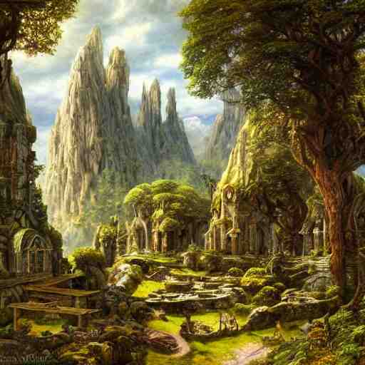 a beautiful and highly detailed epic oil painting of an elven city in the mountains, lush valley, beautiful trees, ancient stone runes, intricate details, epic scale, insanely complex, 8 k, sharp focus, hyperrealism, fantasy landscape, psychedelic, by caspar friedrich, brian froud, albert bierstadt, 