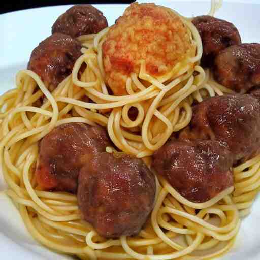 octopus with spaghetti as its tentacles, and a meatball as its body