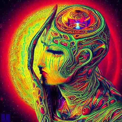 “photo of a beautiful extraterrestrial woman goddess, psychedelic, dmt, lsd, epiphany, fractals, alien forms, organic, acidic, acid, 8k”