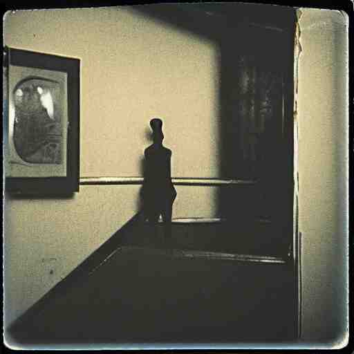 a mannequin at the top of a dark stairwell, abandoned, creepy, eerie, scary, old polaroid, expired film, out or focus, 