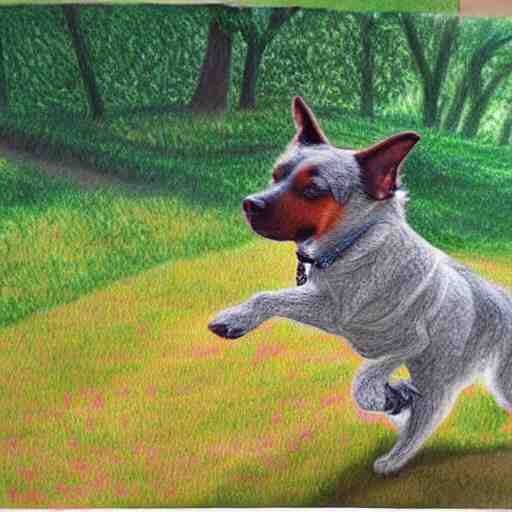  Colored pencil art on paper, Dog playing in park, highly detailed, artstation, MasterPiece, Award-Winning, Caran d'Ache Luminance
