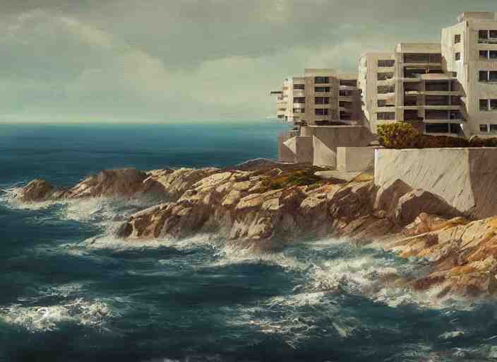 brutalist house, coastal perched on a cliff overlooking a magnificient bay, concept art oil painting by Jama Jurabaev, extremely detailed, brush hard, artstation