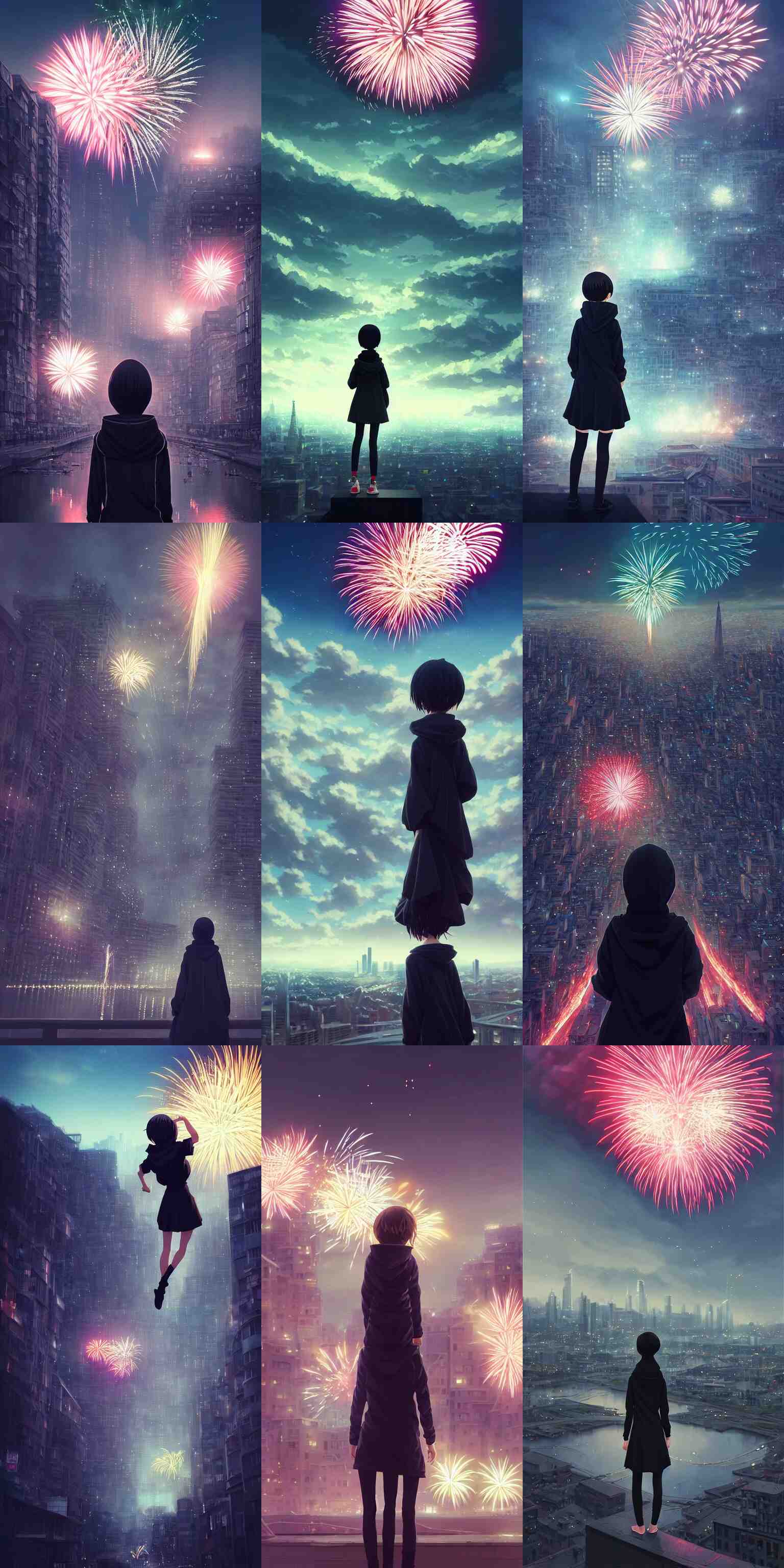 firework in the sky at river bank, black hoodie girl from behind on the bottom, by kyoto animation, insanely detailed. instagram photo, kodak portra. by wlop, ilya kuvshinov, krenz cushart, greg rutkowski, pixiv. zbrush sculpt, octane, maya, houdini, vfx. huge cityscape. cinematic dramatic atmosphere, sharp focus, volumetric lighting 