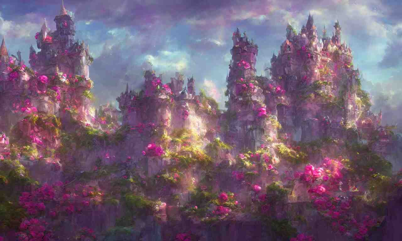 concept art of the colorful rose castle, spectacular, magnificent, fantasy, artstation, render by blender, by krenz cushart 