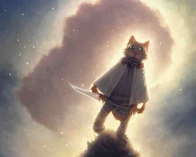 one cartoonish kitty dressed as Gandalf floating alone in space, bright stars, anime, a fantasy digital painting by Greg Rutkowski and James Gurney, trending on Artstation, highly detailed