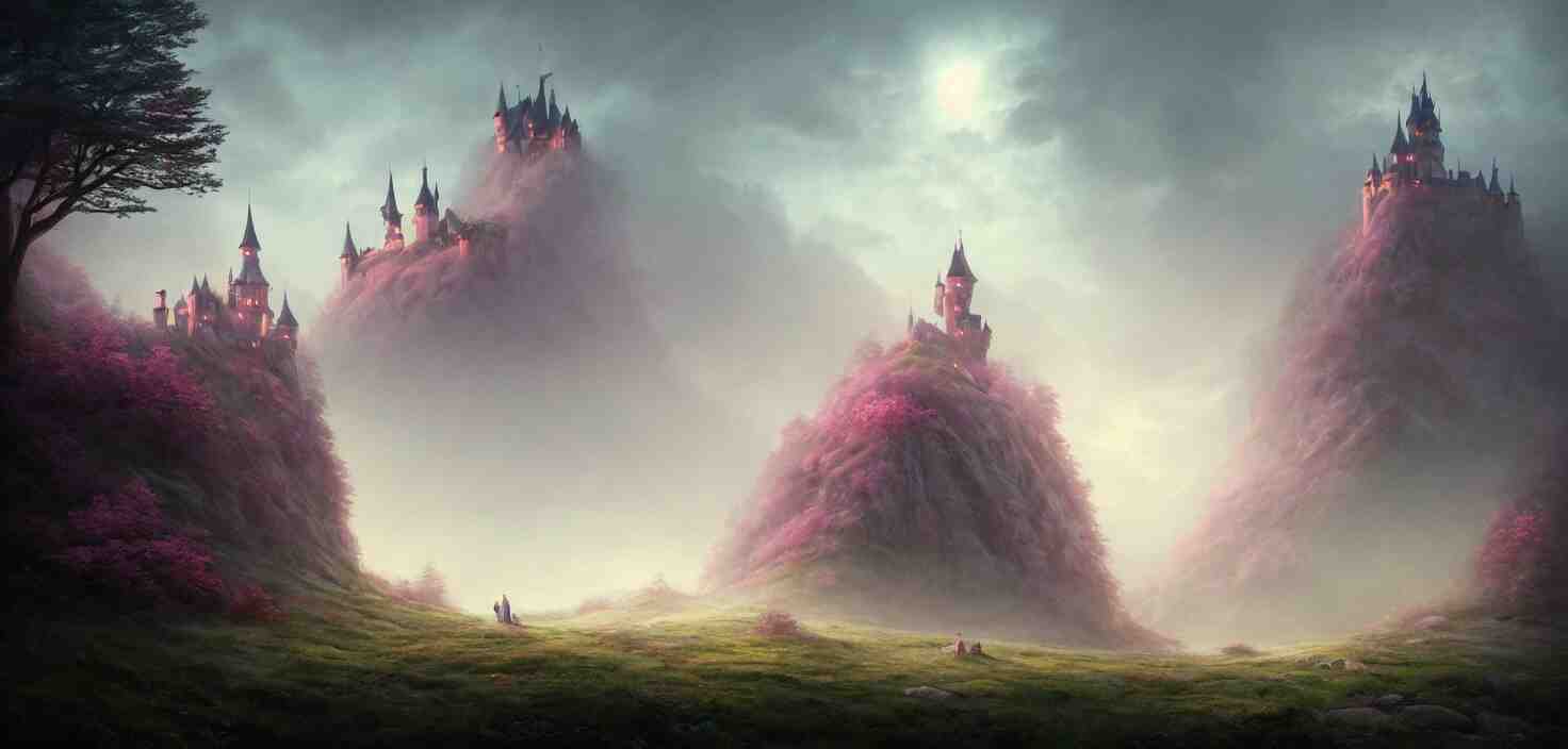 a fairytale castle on a hill in the forest pink fog envelops the castle landscape, cinematic view, epic sky, detailed, concept art, low angle, high detail, warm lighting, volumetric, godrays, vivid, beautiful, trending on artstation, by jordan grimmer, huge scene, grass, art greg rutkowski 