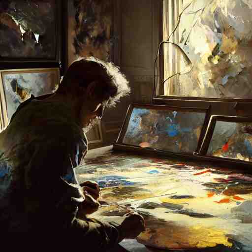 jackson pollock at work in his studio, intricate, elegant, digital painting, concept art, sharp focus, rays of light, by greg rutkowski, gaston bussiere, 4 k. 