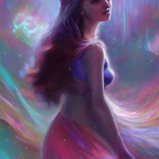 a fantastic vibrant mixed pastels 3 d painting of a somber female sorceress under a cloudy rainstorm weather, anaglyphy effect, cgsociety # conceptart cg, # oc, by vanessa lemen by charlie bowater by jeff easley by stephanie hans in deep space by ross tran by vanessa lemen by nasa hubble space telescope images 
