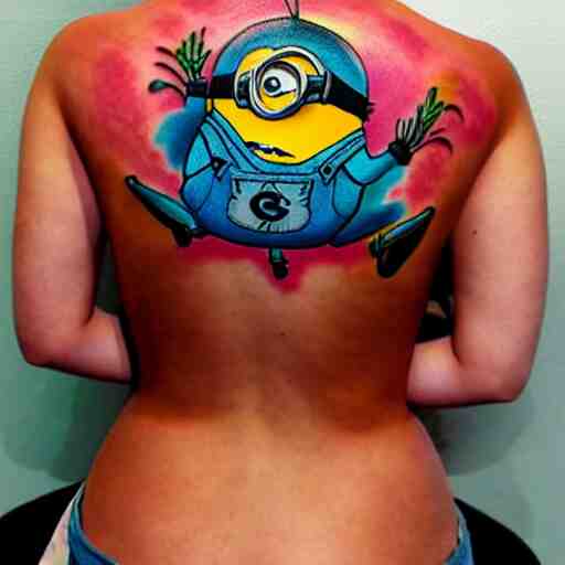 tattoo of minion on female back, epic, colorful, beautiful, intricate detail