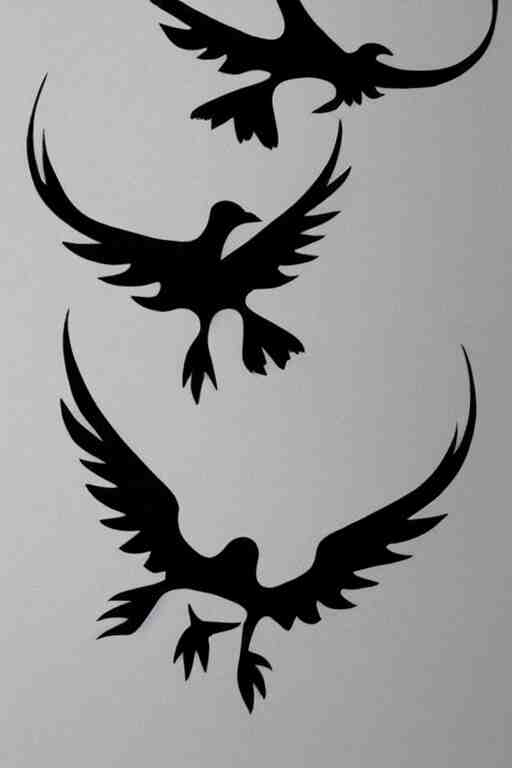 a simple tattoo design of minimalist flying birds, black ink, abstract logo, line art 