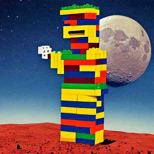 squared head rooster building a man made of legos on the moon 