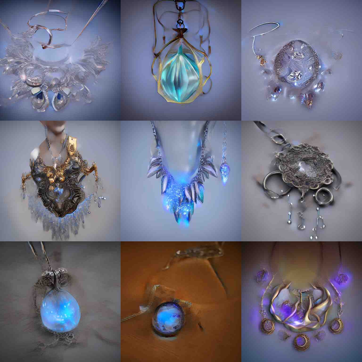 fantasy necklace made with a crystal, magical and glowing, octane render, ray tracing, light transmission, 8 k 