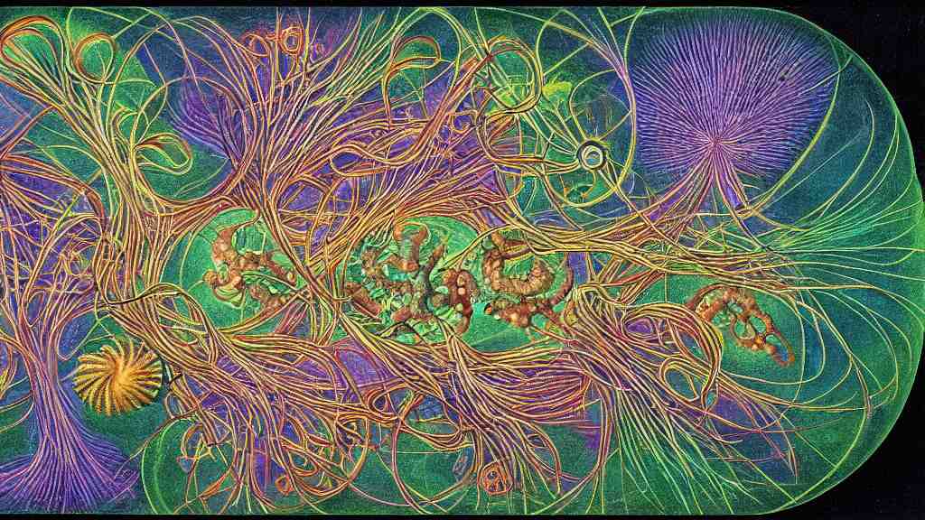 quantum connections represented as symbiotic organisms like cells playing around with colorful lights by ernst haeckel, smooth, sharp, realistic 