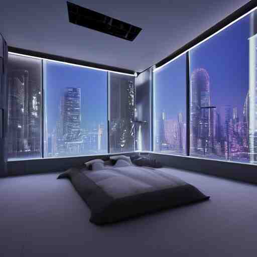 a futuristic luxury white bedroom with ceiling high windows looking out to a cyberpunk cityscape with flying cars, night time, neon lights, cinematic 3d render