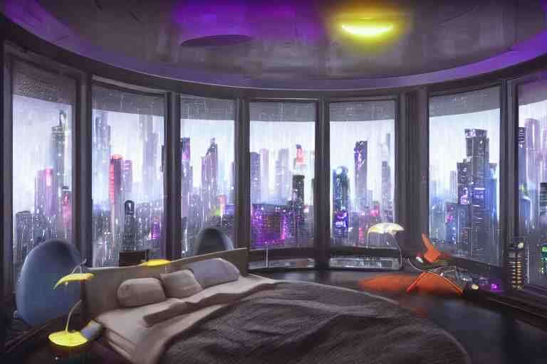 a futuristic bedroom with large curved ceiling high windows looking out to a far future cyberpunk cityscape, cyberpunk neon lights, raining, scifi