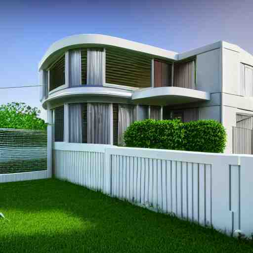 retrofuturist house, lawn, trees, white picket fence, realistc octane render, depth of field, soft lighting, 8k